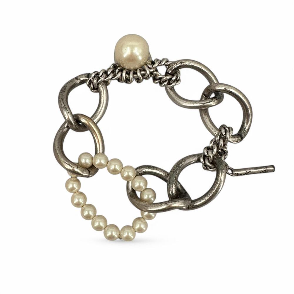 Kenneth Cole Stretch Bracelet Silver Tone Chain Link and Simulated Pearl